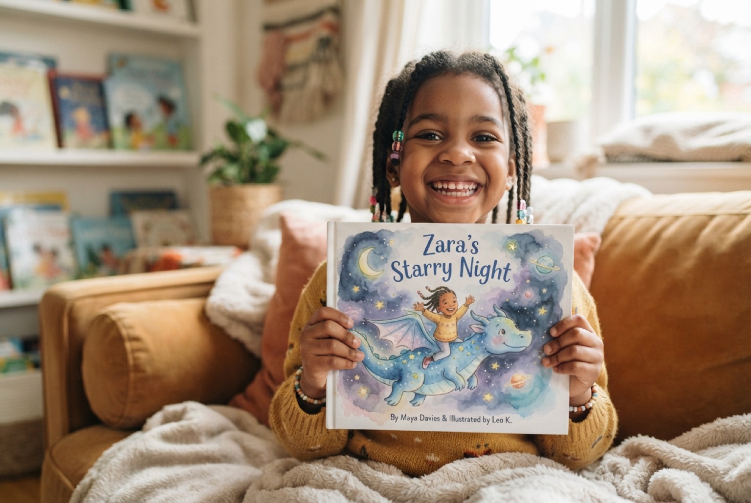 A delighted child holding their personalised TurtleTime book