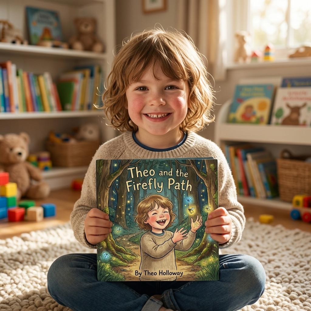 Same child proudly holding their personalised storybook — illustrated hero on the cover